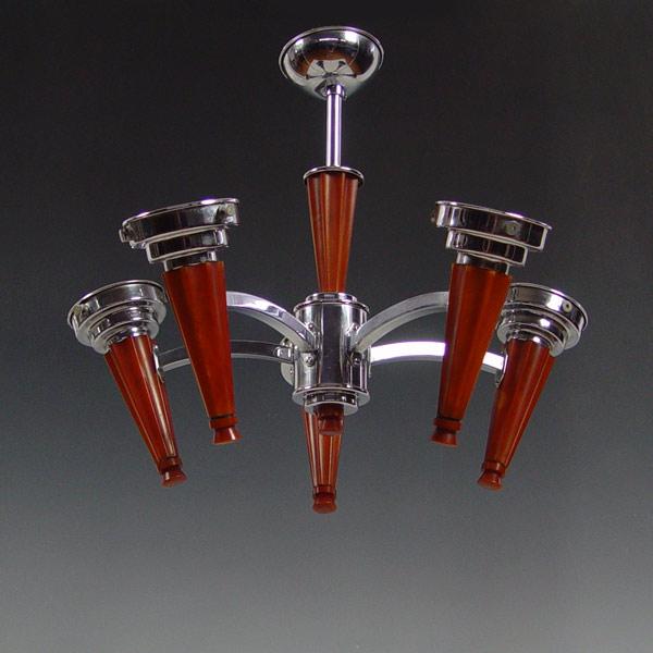 Appraisal: ENGLISH DECO MODERN CATALIN AND CHROME CHANDELIER Bakelite and chrome