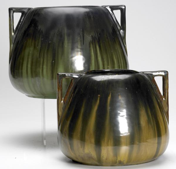 Appraisal: FULPER Two two-handled vases one in Flemington green restored the