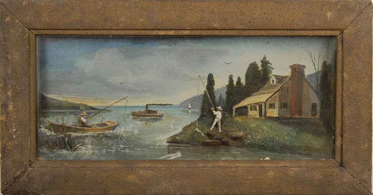 Appraisal: SHADOW BOX DIORAMA OF A FISHING SCENE th CenturyHeight Width