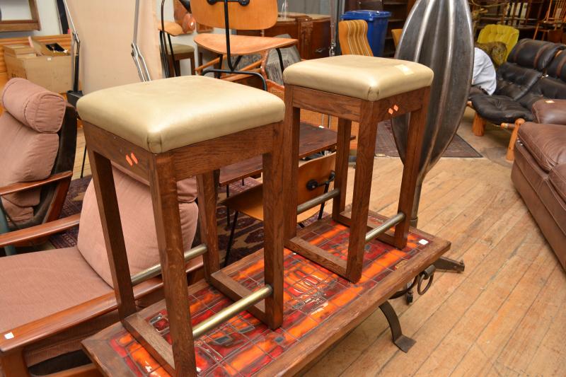 Appraisal: FOUR MODERN OAK BAR STOOLS WITH UPHOLSTERED SEATS FOUR MODERN