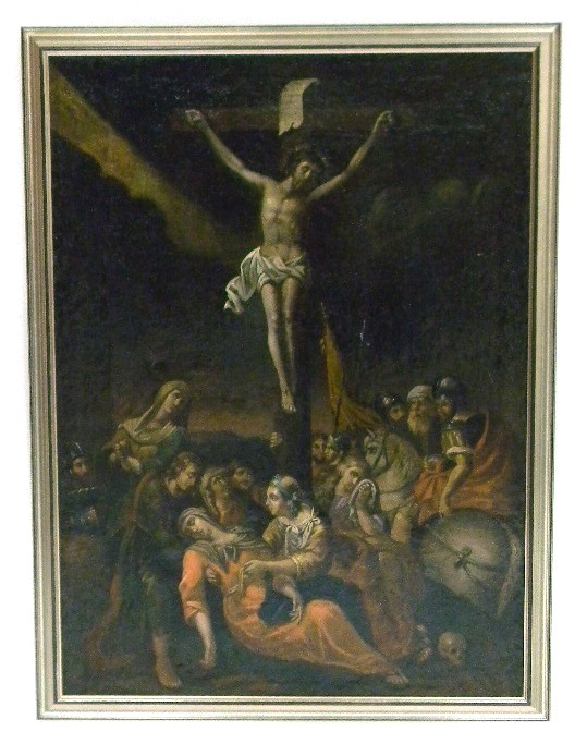 Appraisal: th C unsigned oil on canvas crucifixion scene depicting Christ