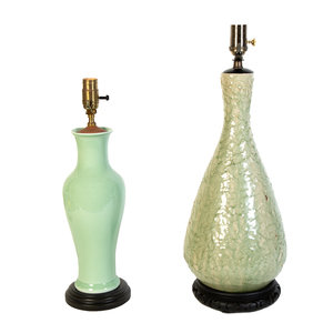 Appraisal: Two Green Glazed Vases Mounted as Lamps TH CENTURY Taller