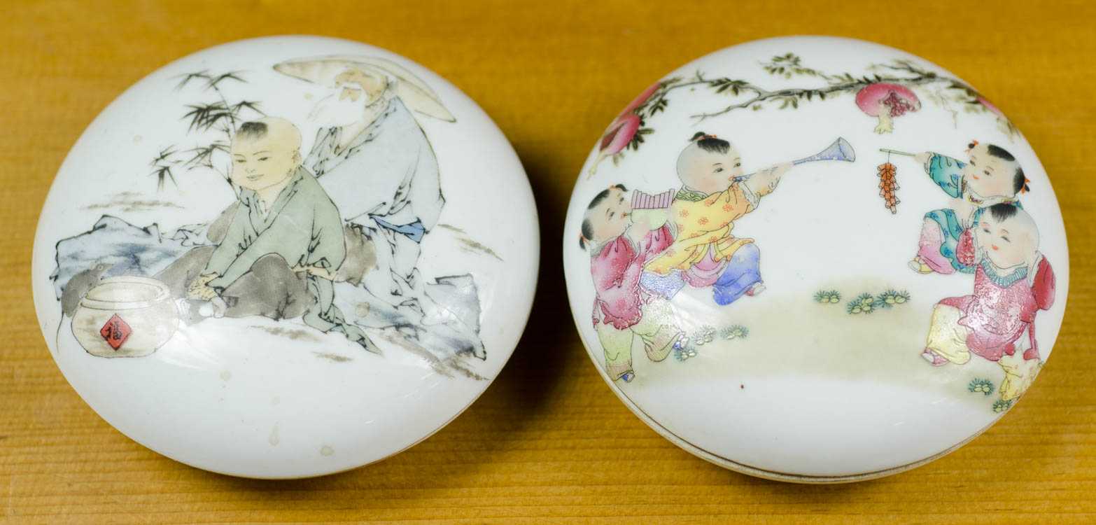 Appraisal: TWO CHINESE PORCELAIN LIDDED DISHES with hand painted genre scenes