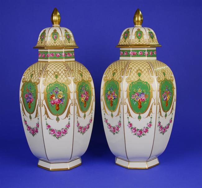 Appraisal: PAIR OF DRESDEN OCTAGONAL COVERED VASES early th century height