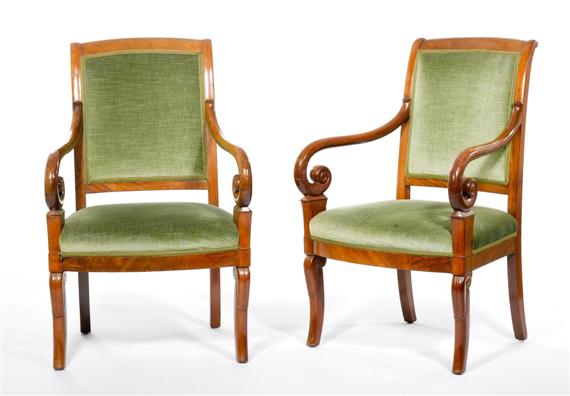 Appraisal: PAIR OF ARMCHAIRS Restauration France Carved mahogany Green velvet covers