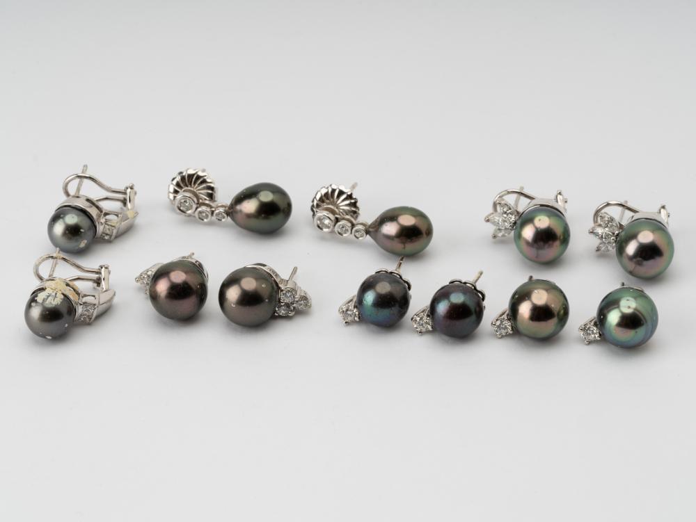 Appraisal: SIX PAIRS OF WHITE GOLD DIAMOND BLACK PEARL EARRINGScomprising one