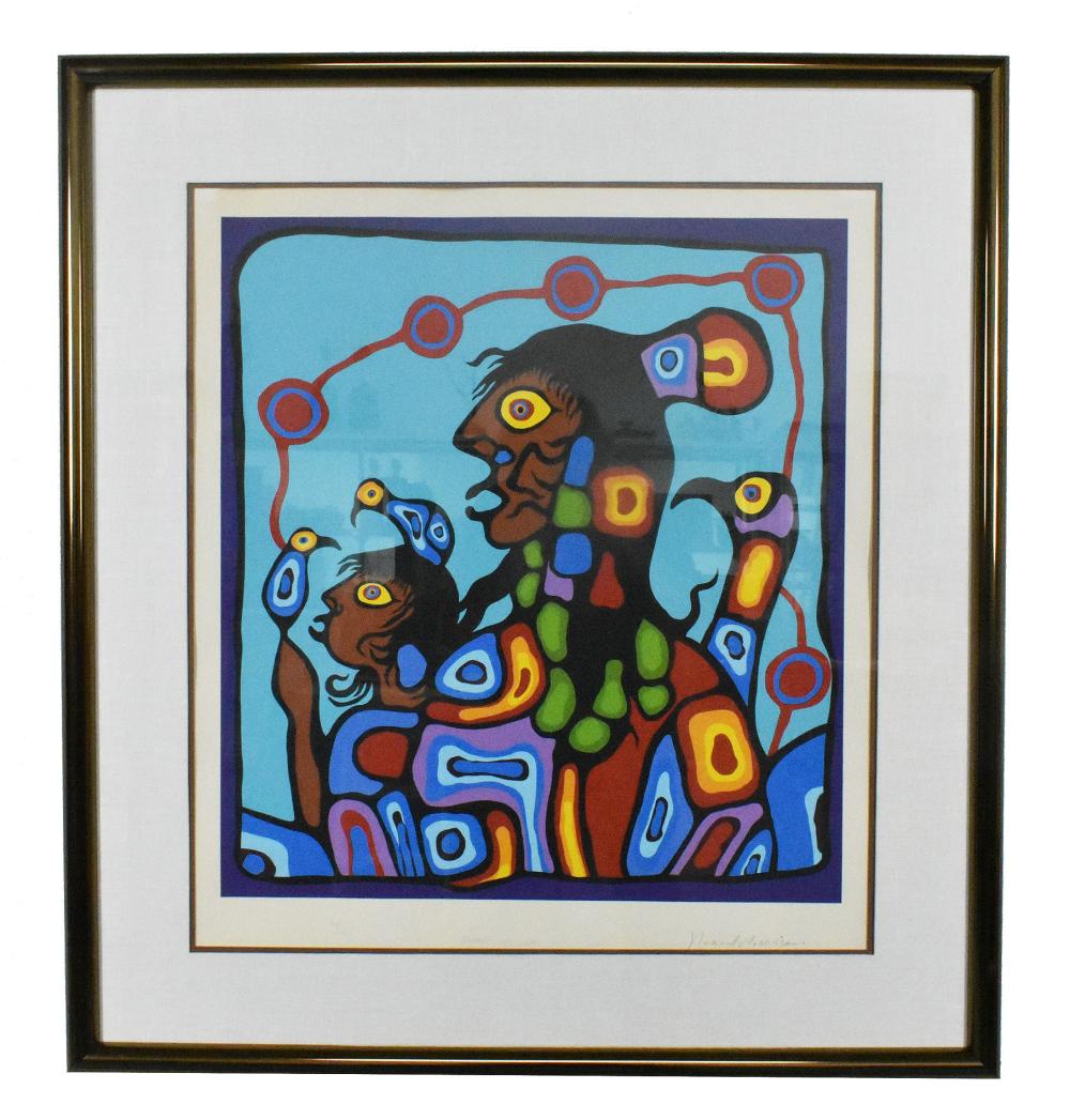 Appraisal: NORVAL MORRISSEAU Canadian - Titled Shaman and Son lithograph in