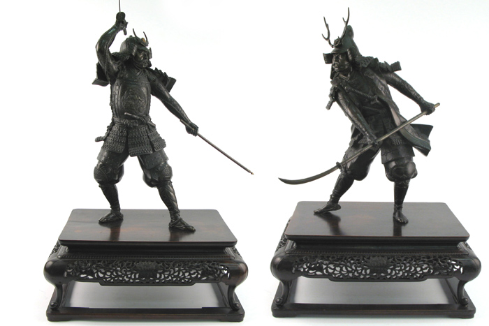 Appraisal: PAIR JAPANESE BRONZE SAMURAI each in full th century style