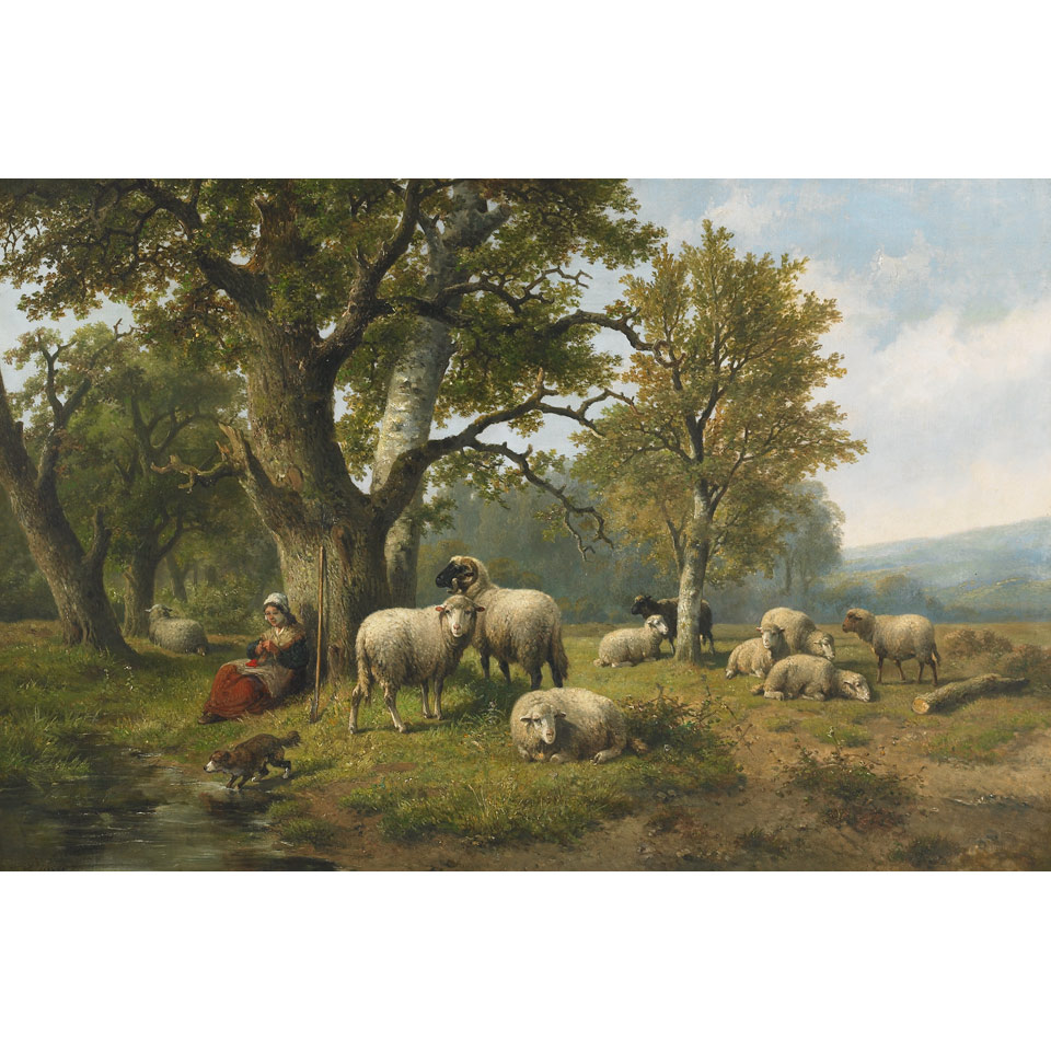 Appraisal: A Jacquet th Century French SHEPHERDESS MINDING THE FLOCK Oil