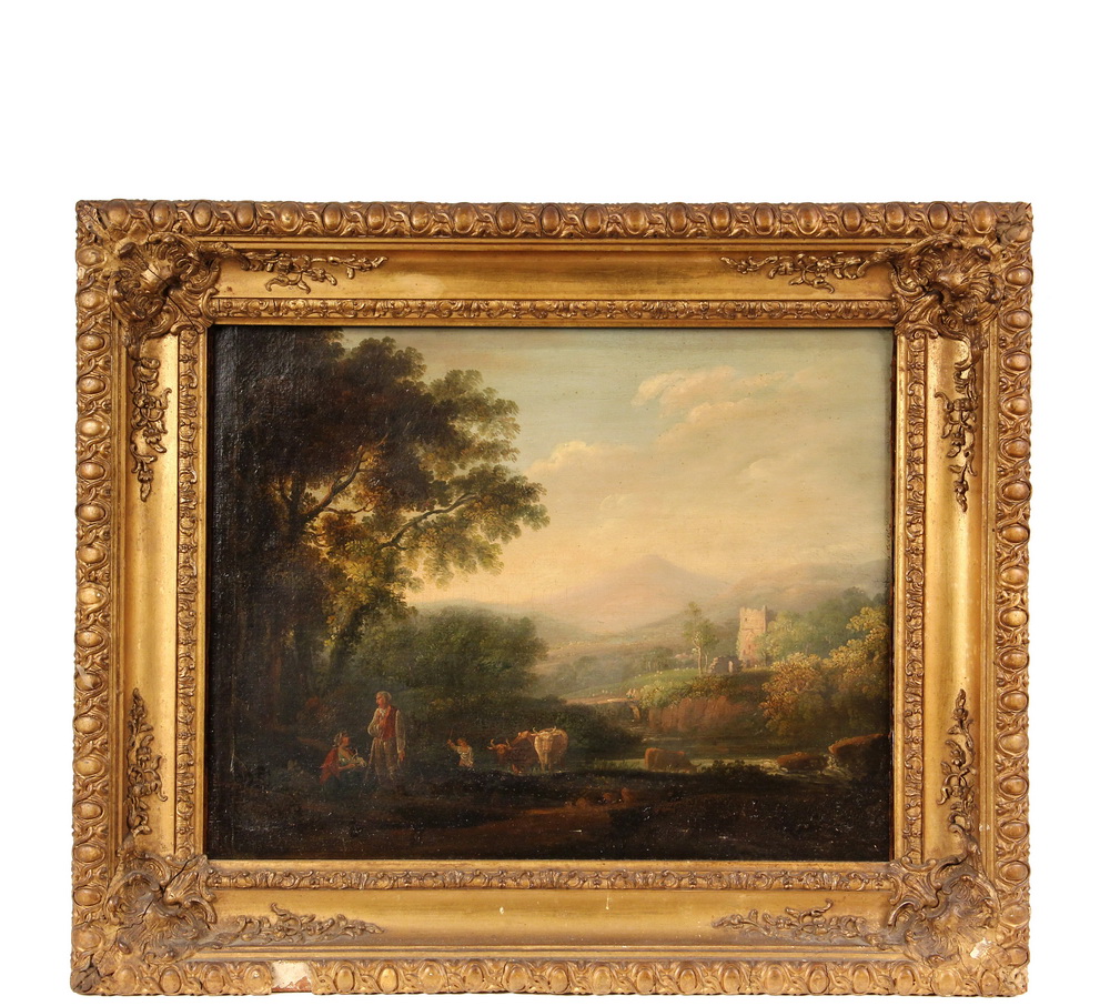 Appraisal: ITALIAN PASTORAL SCENE - River Landscape with Castle and Herdsman's