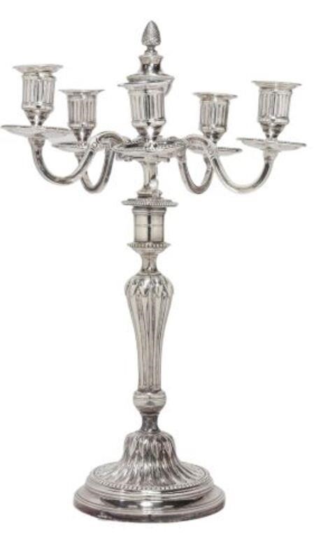 Appraisal: Neoclassical silverplate candelabrum five candle sockets with removable nozzles s-scroll