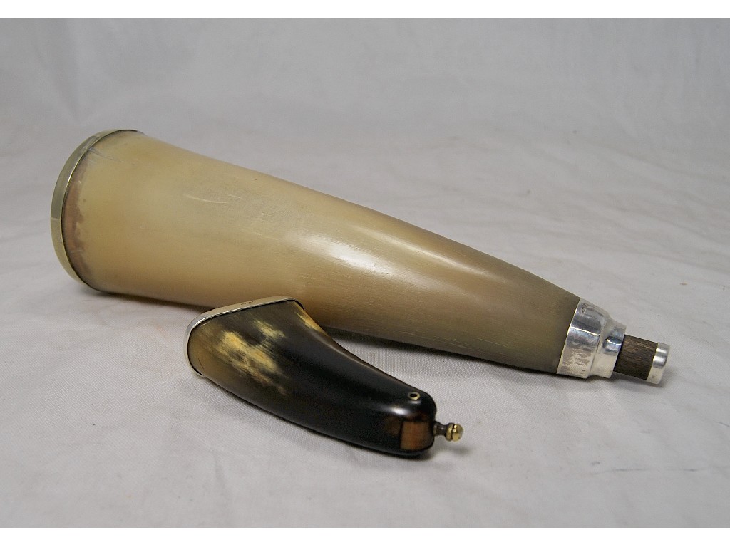 Appraisal: Horn flask with silver rim and collar having glass bottom