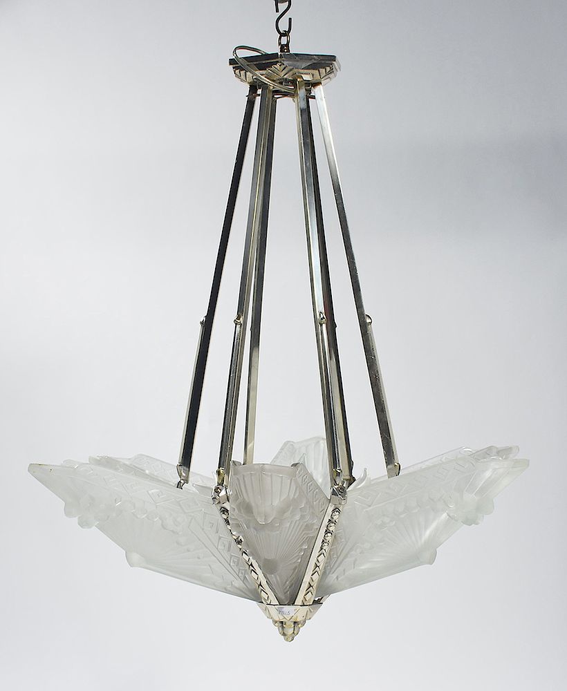 Appraisal: Schneider Art Deco glass and silvered brass hanging light fixture