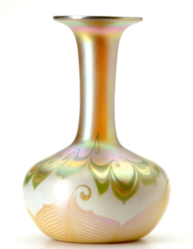 Appraisal: QUEZAL Gold iridescent glass vase with pulled feather decoration in