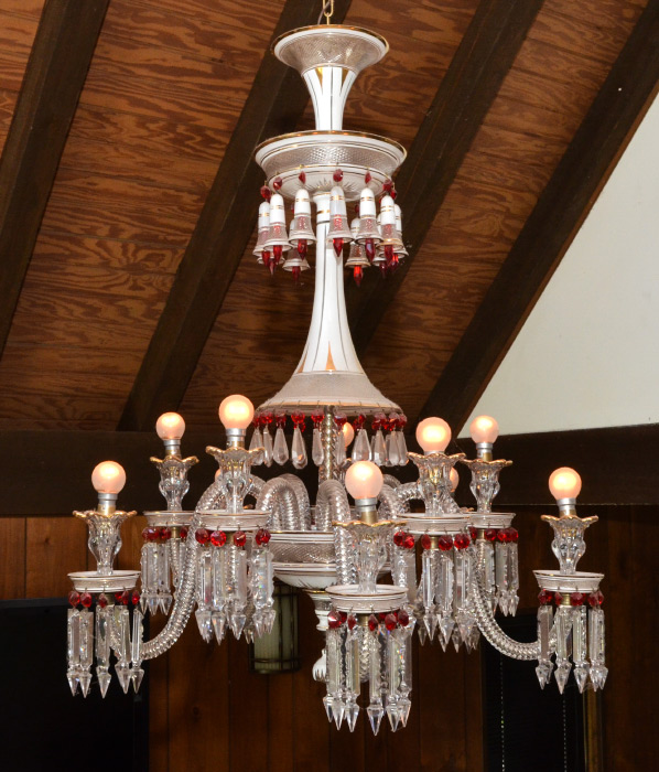 Appraisal: LARGE VICTORIAN ENAMELED CRYSTAL CHANDELIER light chandelier cut glass tiered