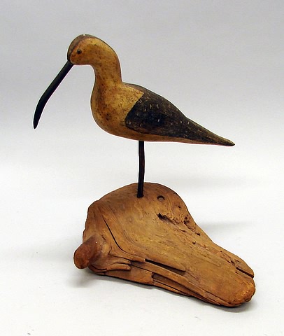 Appraisal: Early hand carved curlew shorebird on driftwood unknown maker Good