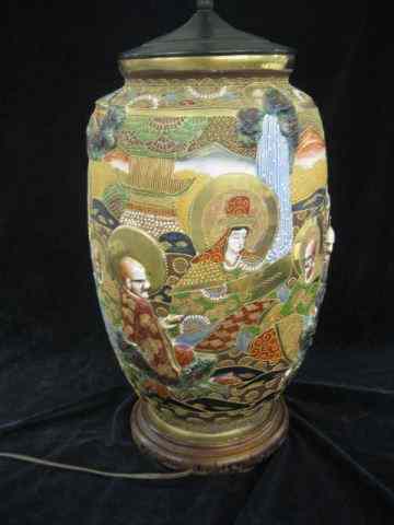 Appraisal: Japanese Satsuma Pottery Lamp men woman raised details fine goldwork