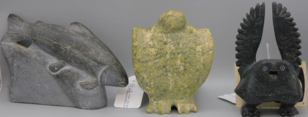 Appraisal: THREE TH C INUIT STONE CARVINGS TO INCLUDE an owl