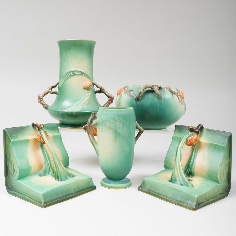 Appraisal: Three Roseville Pottery Glazed 'Pinecone' Vases and a Pair of