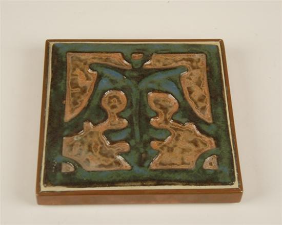 Appraisal: Tile with Arts and Crafts decoration Copper mounted unsigned Sq