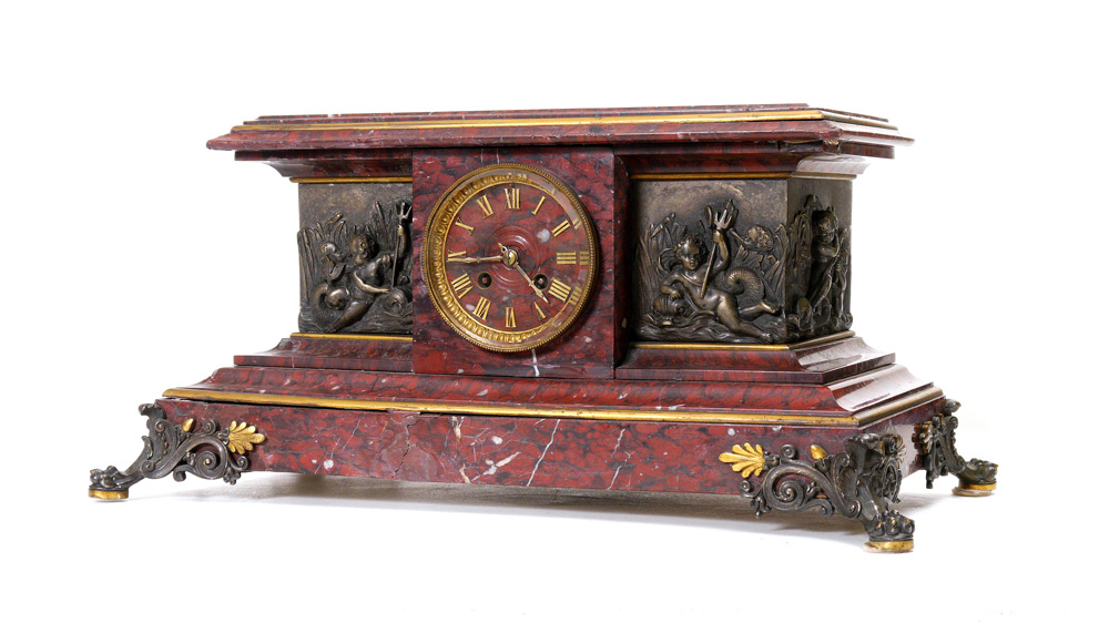 Appraisal: FRENCH RED MARBLE BRONZE MANTLE CLOCK Variegated red marble case