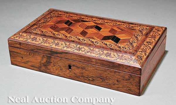 Appraisal: An English Rosewood Parquetry and Marquetry Box th c shaped