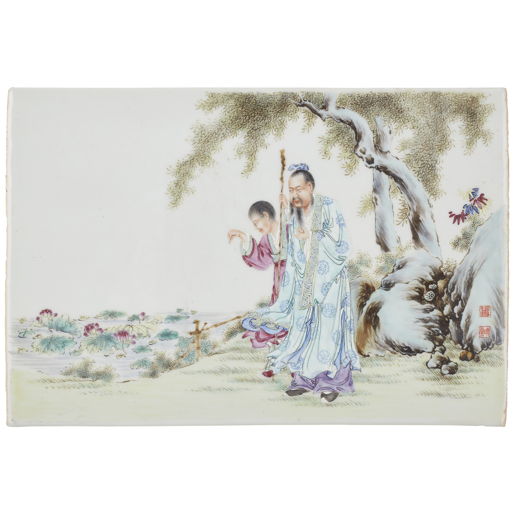 Appraisal: FAMILLE ROSE RECTANGULAR PLAQUE AFTER WANG XIAOTANG painted in bright