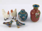 Appraisal: Miniature cloisonne A ginger jar a vase and two birds