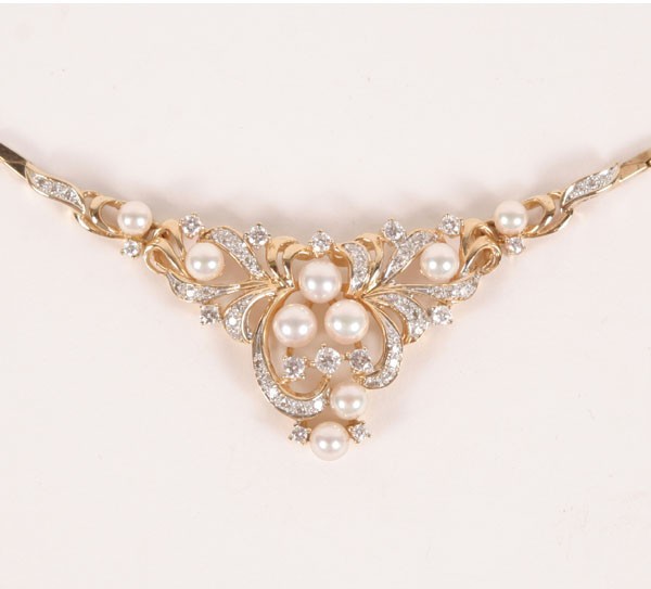 Appraisal: Gold fancy link necklace set with diamonds and cultured pearls