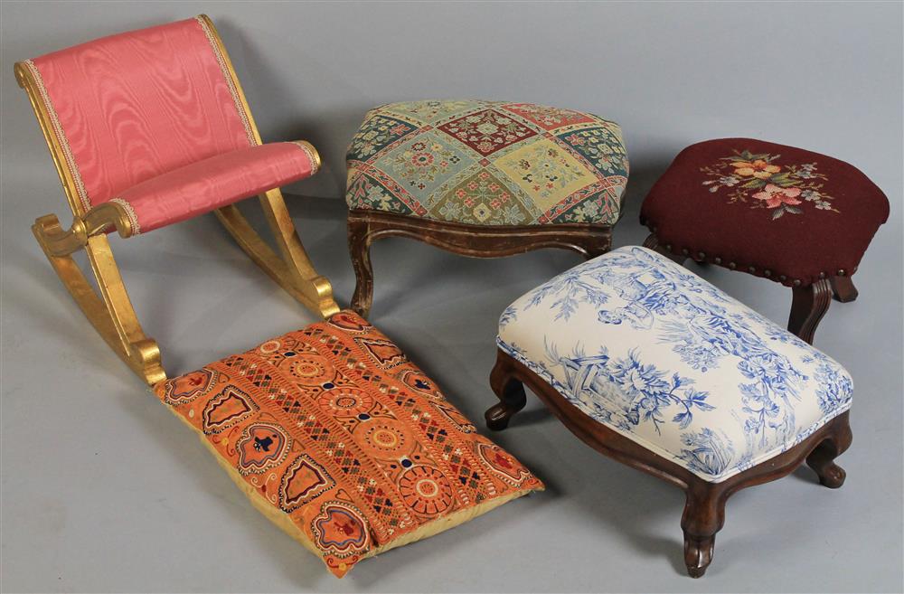 Appraisal: ACCESSORIES GROUP TO INCLUDE THREE FOOTSTOOLS A ROCKING GOUT STOOL