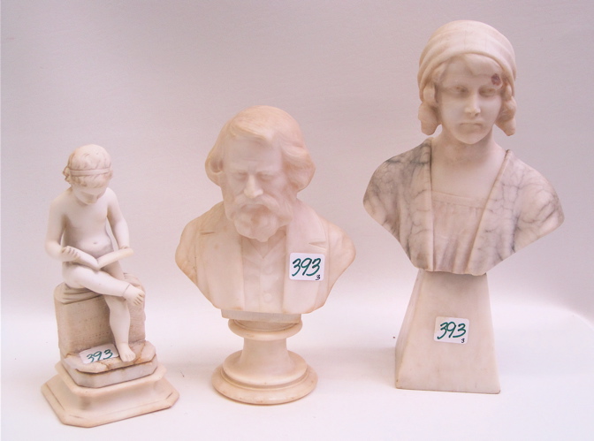 Appraisal: GROUP OF THREE CARVED ALABASTER SCULPTURES a Victorian female bust