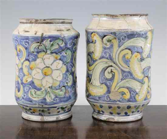 Appraisal: Two Italian maiolica drug jars th century the first painted