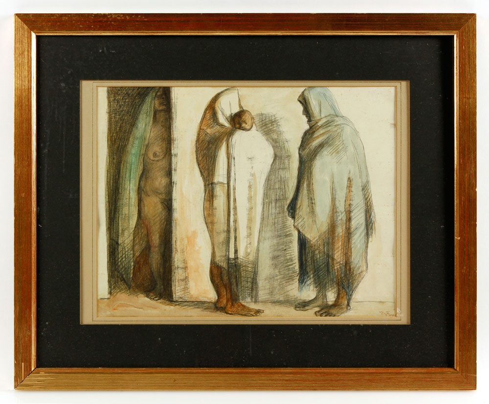 Appraisal: - Standing Figures WC Three standing figure with child watercolor