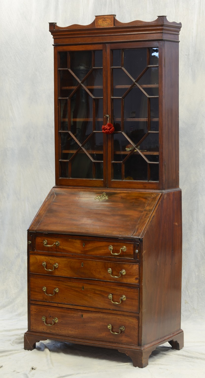 Appraisal: Diminutive Georgian mahogany secretary bookcase original pulls upper glazed door