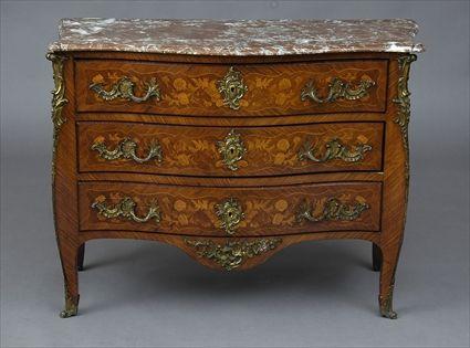 Appraisal: CONTINENTAL MARQUETRY COMMODE The serpentine brown and white veined marble