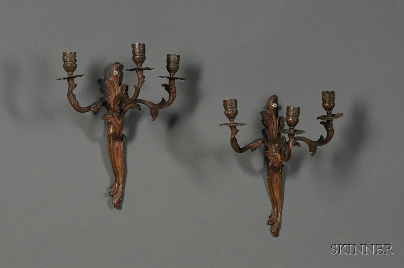 Appraisal: Pair of Louis XV Style Bronze Three-Light Wall Scones early