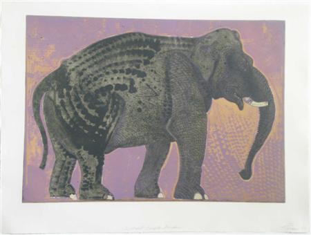 Appraisal: ROBERT RIVERS AMERICAN CONTEMPORARY ELEPHANT IN PURPLE GARDEN Etching signed