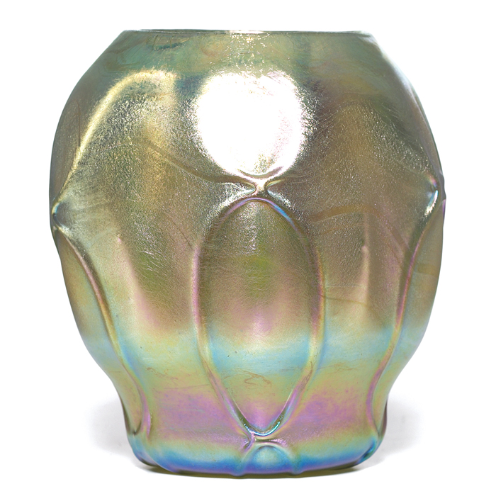 Appraisal: L C Tiffany vase bulbousform with hooked designs in gold