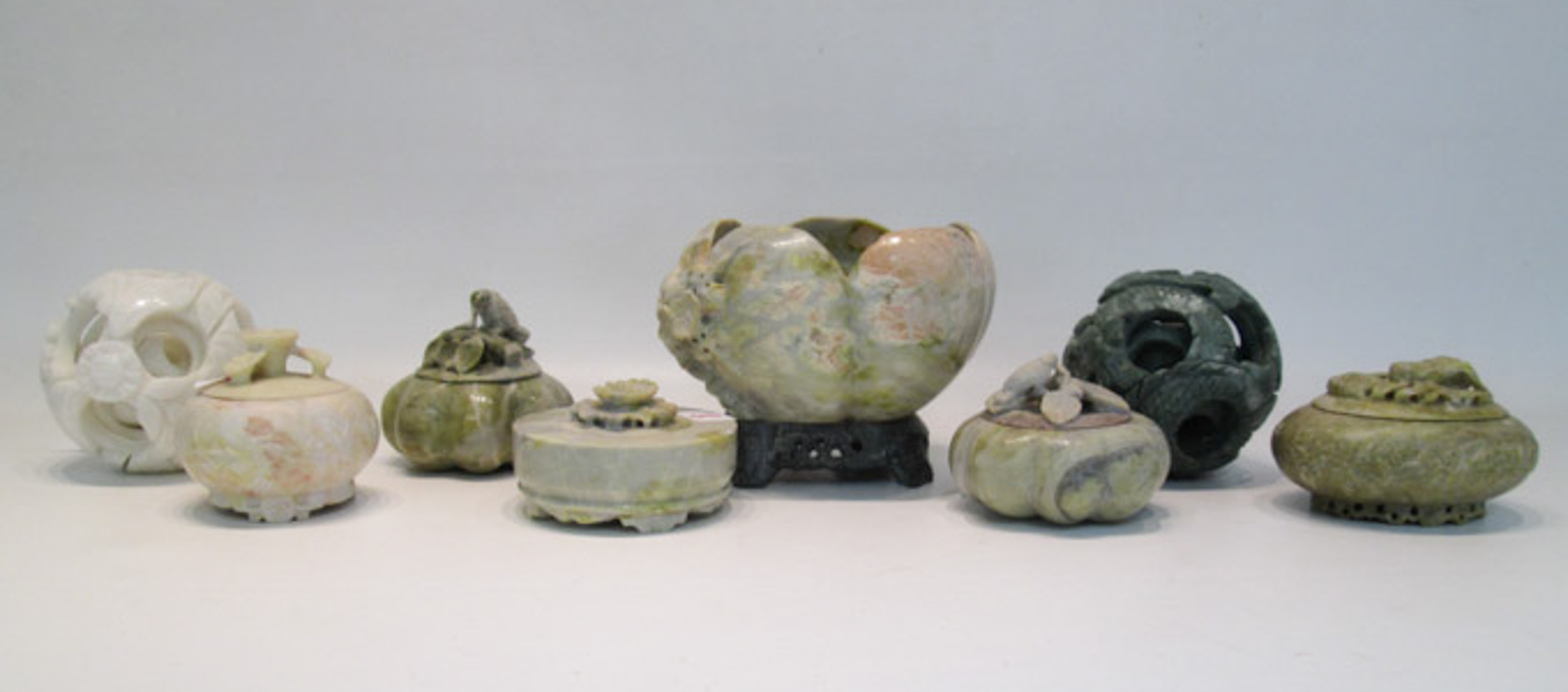 Appraisal: EIGHT PIECES CHINESE CARVED SOAPSTONE Mystery Balls footed bowl and