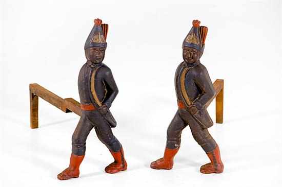 Appraisal: Pair painted cast-iron Hessian soldier andirons th century half-round polychrome