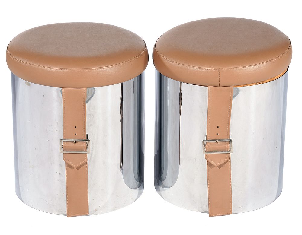 Appraisal: Pr Mid-Century Chrome Leather Stools Pair of chrome and leather