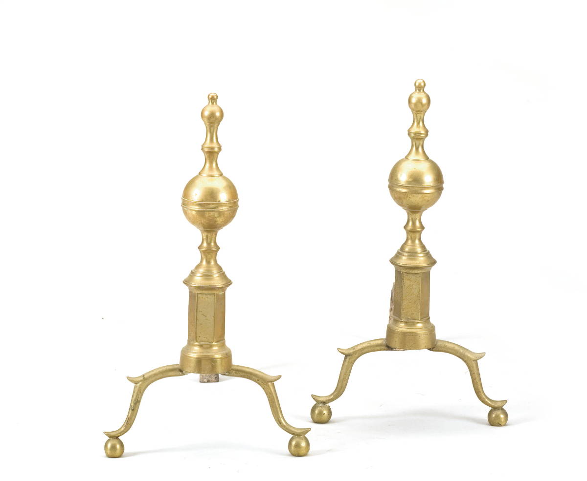 Appraisal: PAIR OF NEW YORK FEDERAL BRASS BALL-AND-TURRET-TOP ANDIRONS MARKED quot