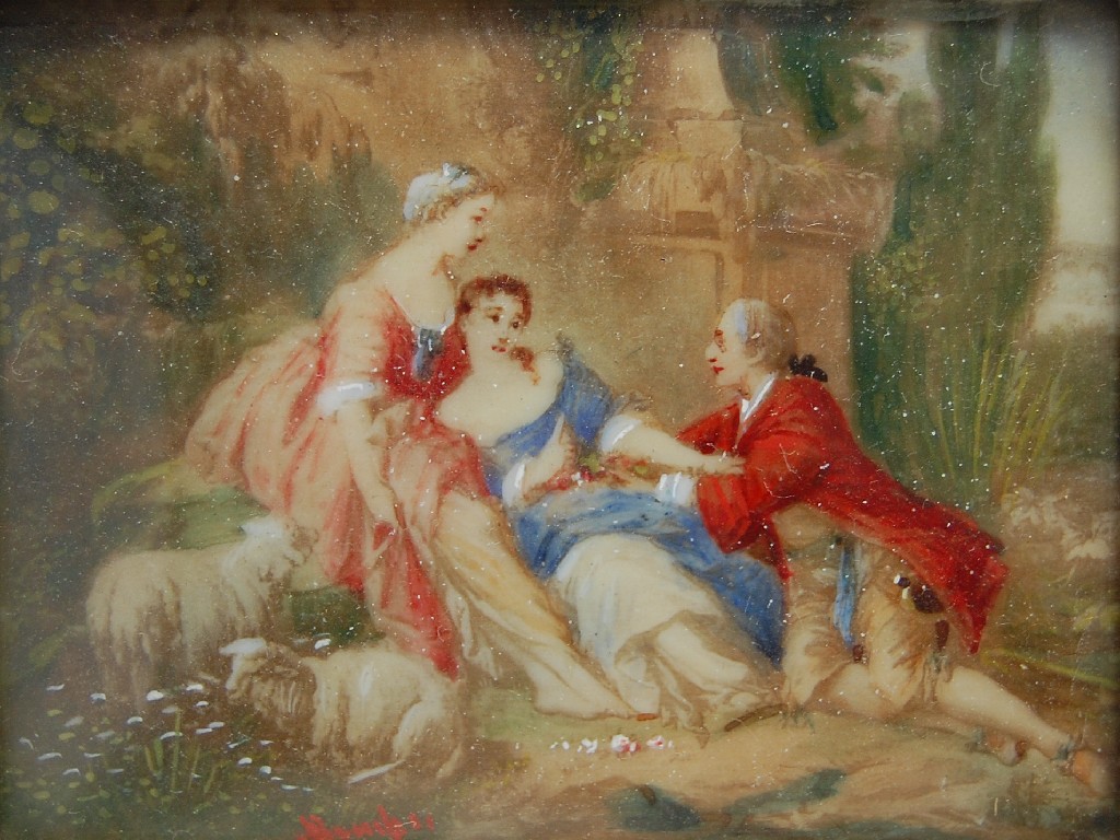 Appraisal: Miniature painting after Watteau 'The Proposal' in sycamore frame to