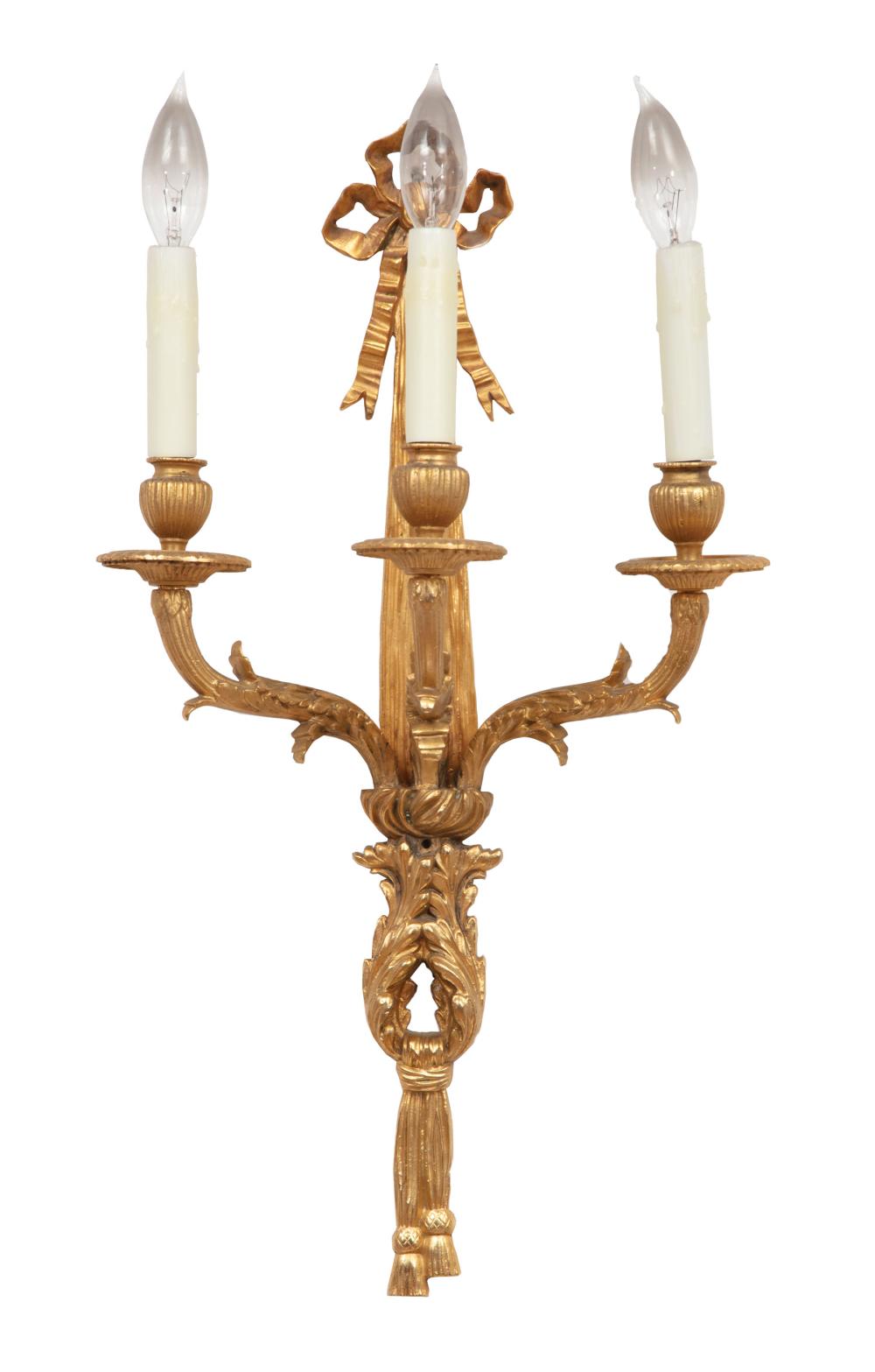 Appraisal: Four Louis XVI-Style Gilt Bronze Sconces beribboned backplate foliate arms