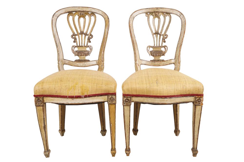 Appraisal: PAIR OF NEOCLASSICAL PAINTED GILT WOOD SIDE CHAIRSeach covered with