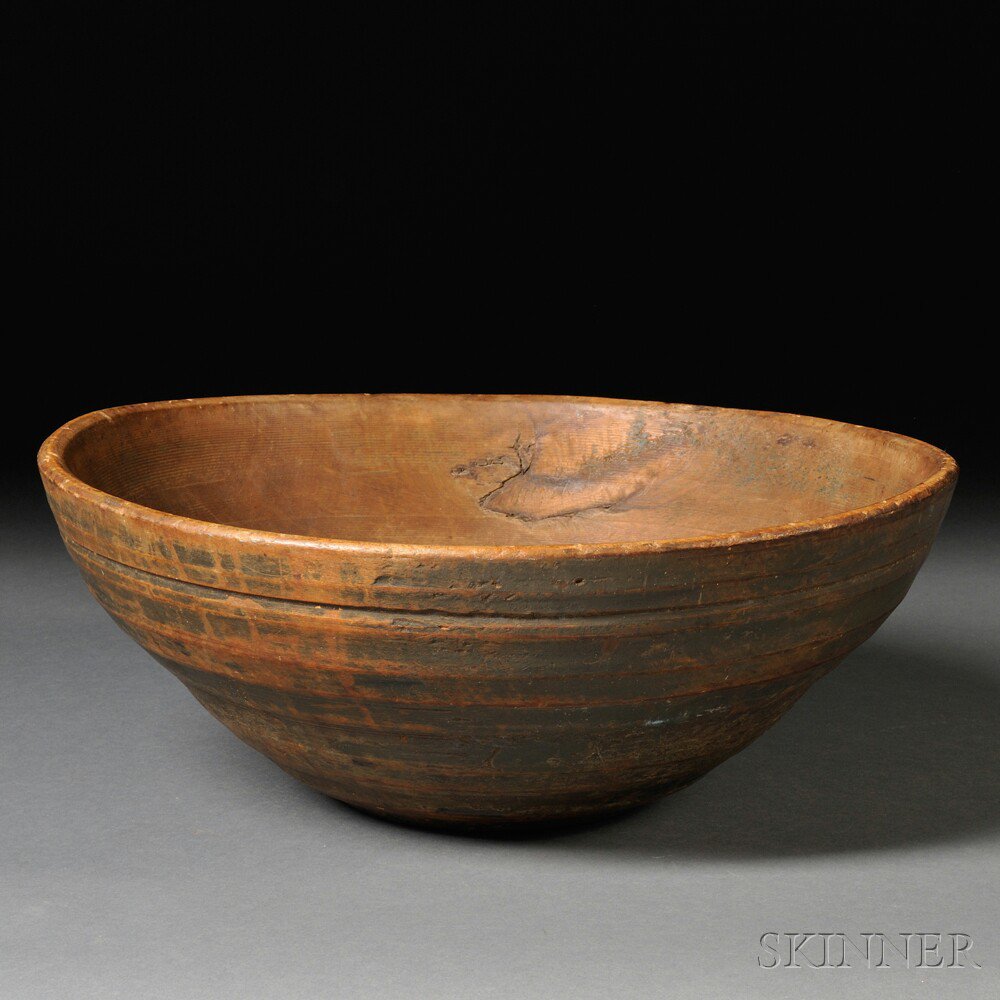 Appraisal: Large Blue-painted Turned Ash Wooden Bowl America early th century