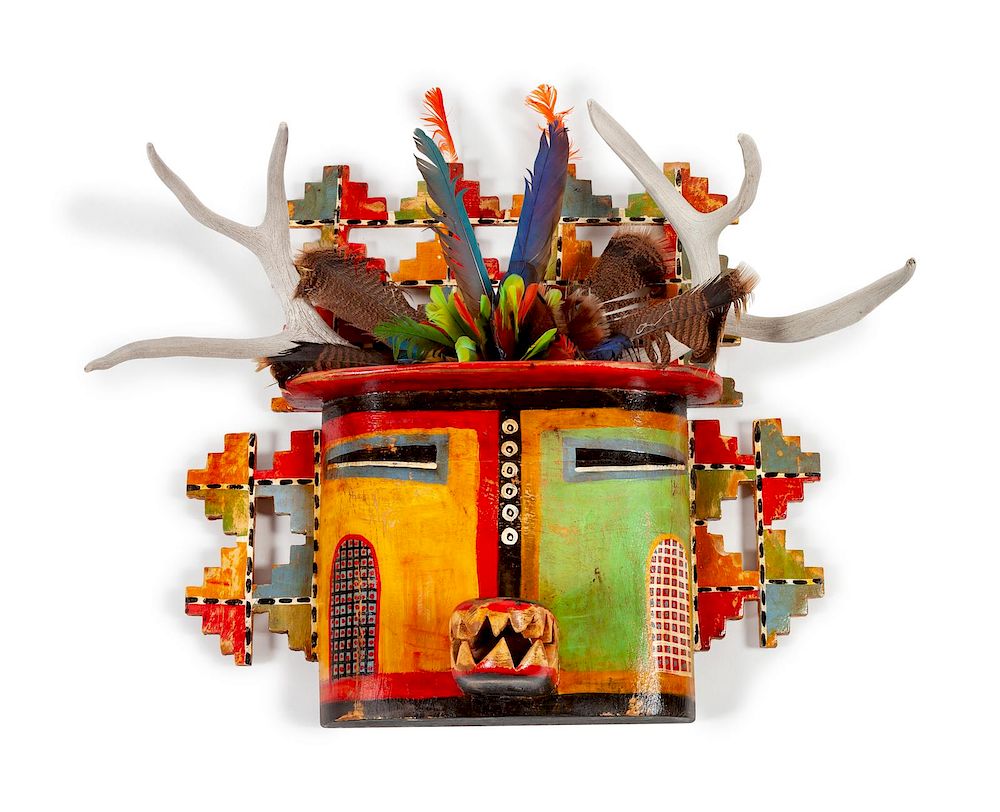 Appraisal: Painted Kachina Head Sculpture with Antlers and Feathers Painted Kachina