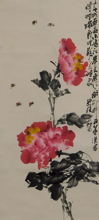 Appraisal: Japanese Flower and Insect Hanging Wall Scroll Japan Vibrant red