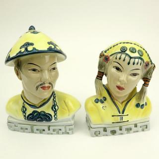 Appraisal: Pair of Goldscheider Pottery Oriental Male and Female Figurines Signed