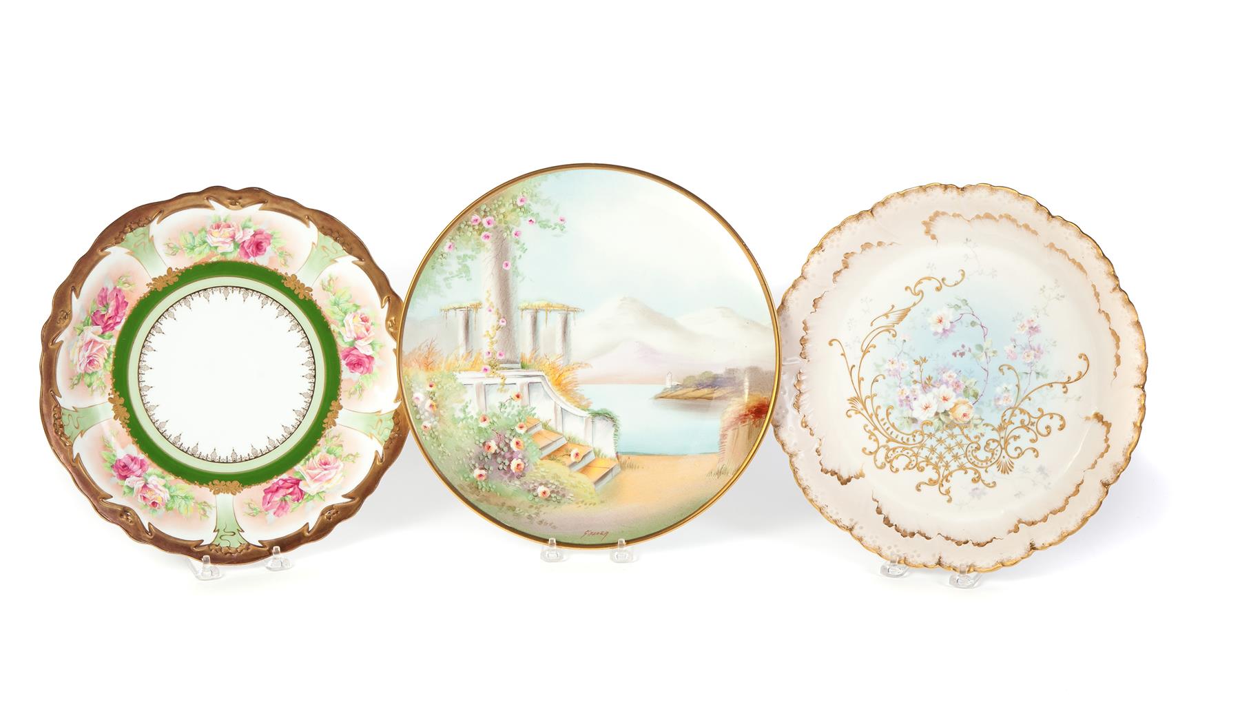 Appraisal: THREE HANDPAINTED CHARGERS Ca A Pickard scenic piece with colonade